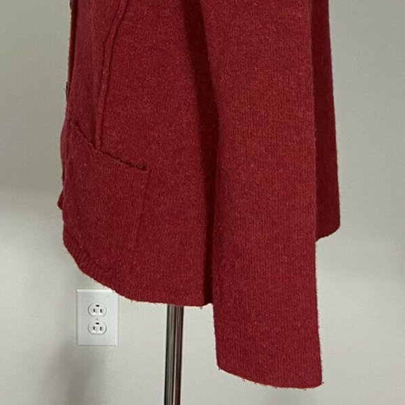 🍎 Eileen Fisher Cardigan Sweater S Red Pockets Mock Neck Hi Low Hem Wool - Picture 7 of 8